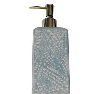 Light Blue Ferns Print Ceramic Liquid Soap Dispenser – 8"H x 2-3/4" Sq.
